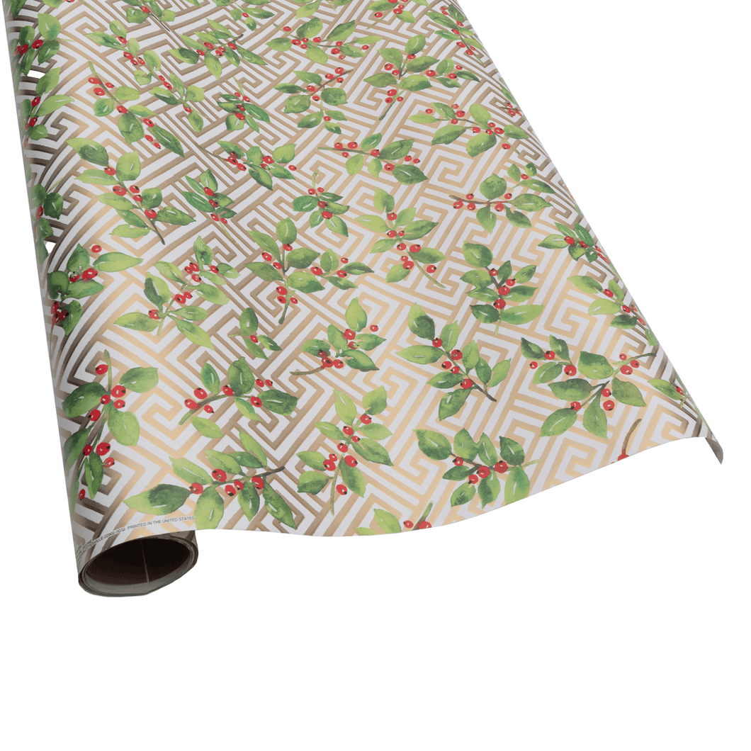 Caspari Holly And Fretwork Roll Wrap - includes 1 Roll