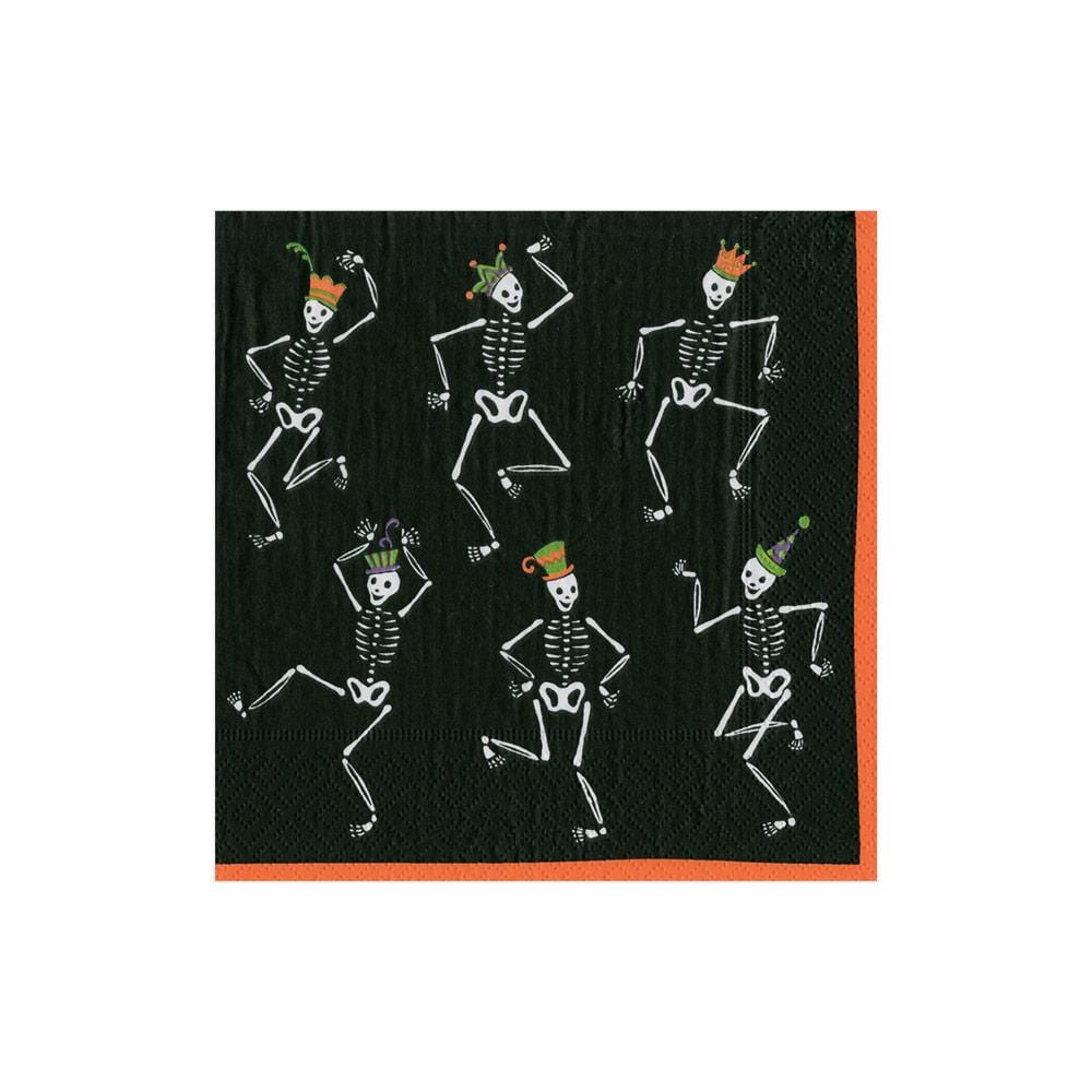 Caspari Dancing Skeletons Paper Cocktail Napkins Black