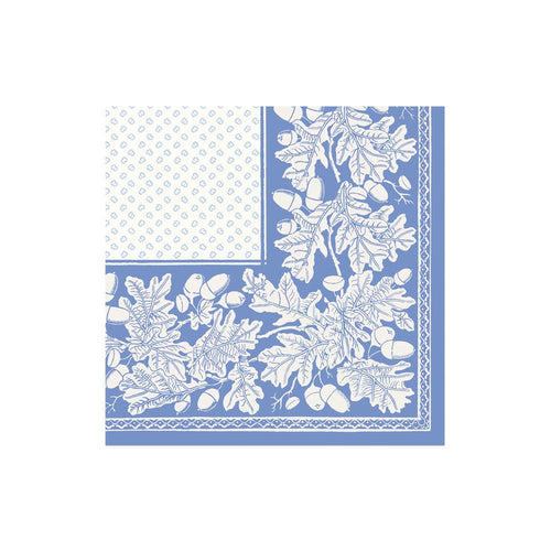 Caspari Oak Leaves & Acorns Paper Linen Cocktail Napkins in French Blue & White - 15 Per Package