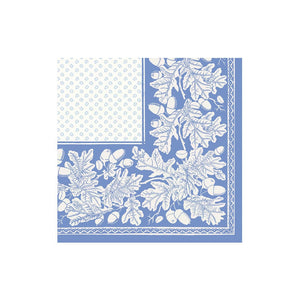 Caspari Oak Leaves & Acorns Paper Linen Cocktail Napkins in French Blue & White - 15 Per Package