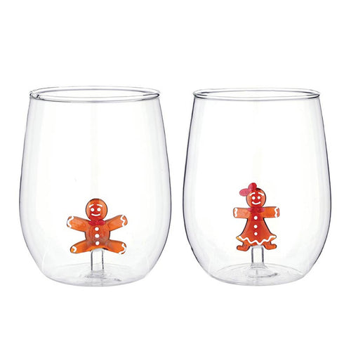 Slant Gingerbread Figurine Wine Glass Set