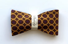 Load image into Gallery viewer, Fine and Dandy Gold Medallion &amp; Striped Reversible Bow Tie
