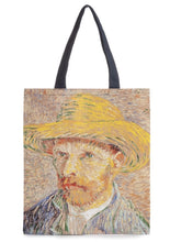 Load image into Gallery viewer, Vincent Van Gogh self portrait canvas tote bag with yellow straw hat. Solid Deep navy trim and back of bag.
