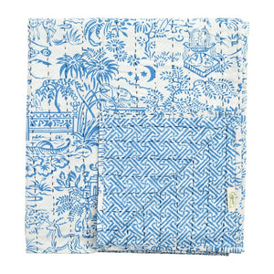 Caspari Reversible Kantha Table Cover in Pagoda Toile & Blue Fretwork
